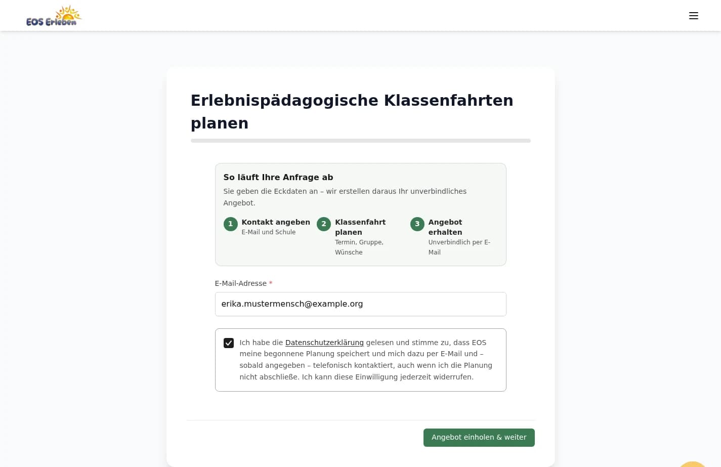 EOS-Formular mit E-Mail-Adresse, Einwilligung und dem Button Angebot einholen und weiter