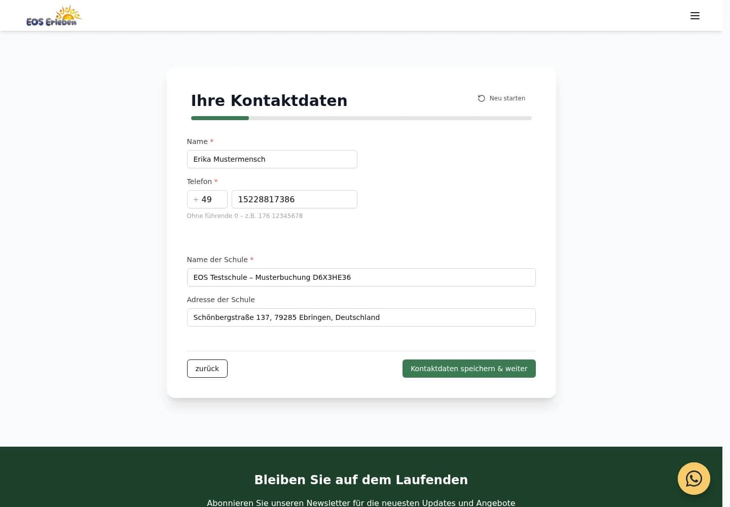 Kontaktdaten mit Erika Mustermensch, gekennzeichneter Testschule und Standortangabe