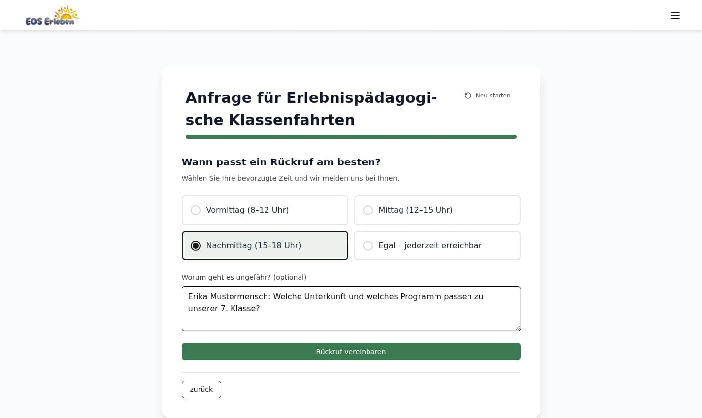 Rückrufweg mit bevorzugter Tageszeit und einer kurzen Frage von Erika Mustermensch