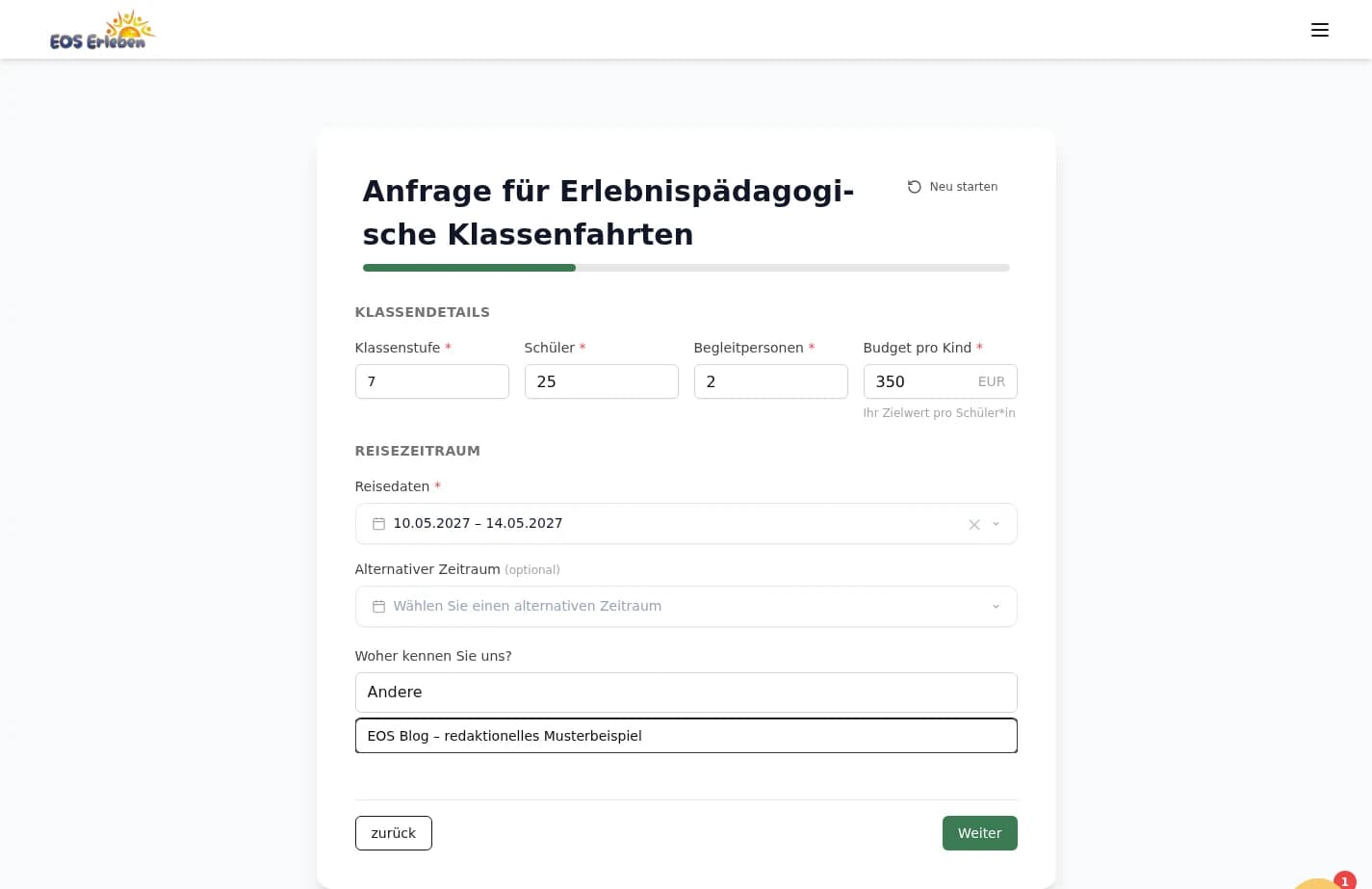 Klassendetails mit Klassenstufe, Gruppengröße, Budget und Reisedaten