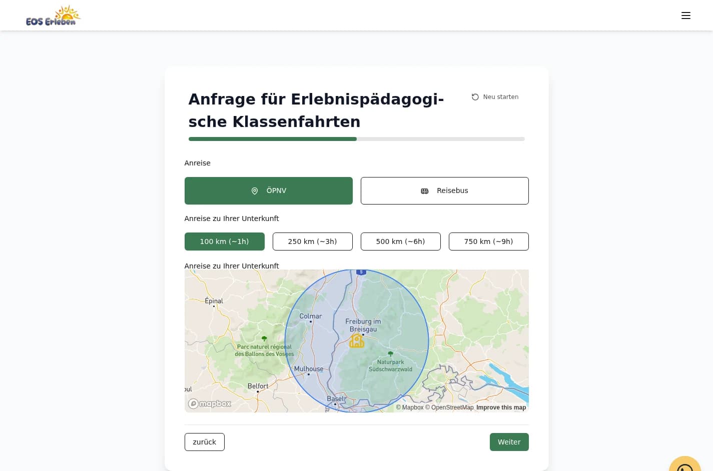 Anreiseplanung mit ÖPNV oder Reisebus, Entfernungsoptionen und Standortkarte