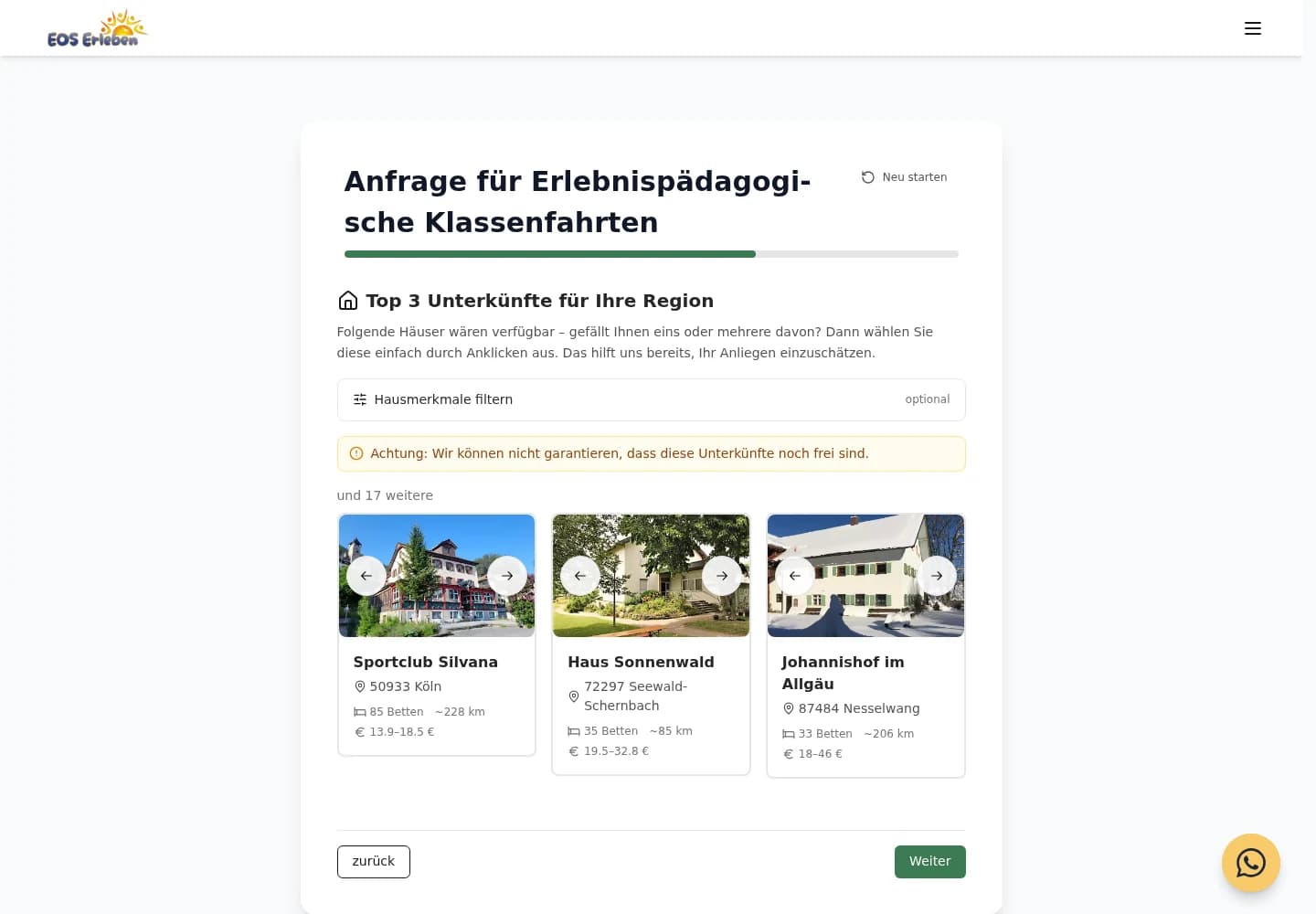 Unterkunftsvorschläge im echten EOS-Formular mit Filtern und Verfügbarkeitshinweis