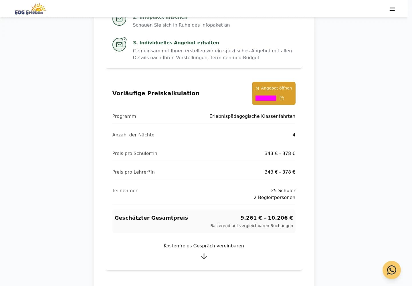 Vorläufige Kalkulation nach der Online-Anfrage mit persönlichem Angebotslink