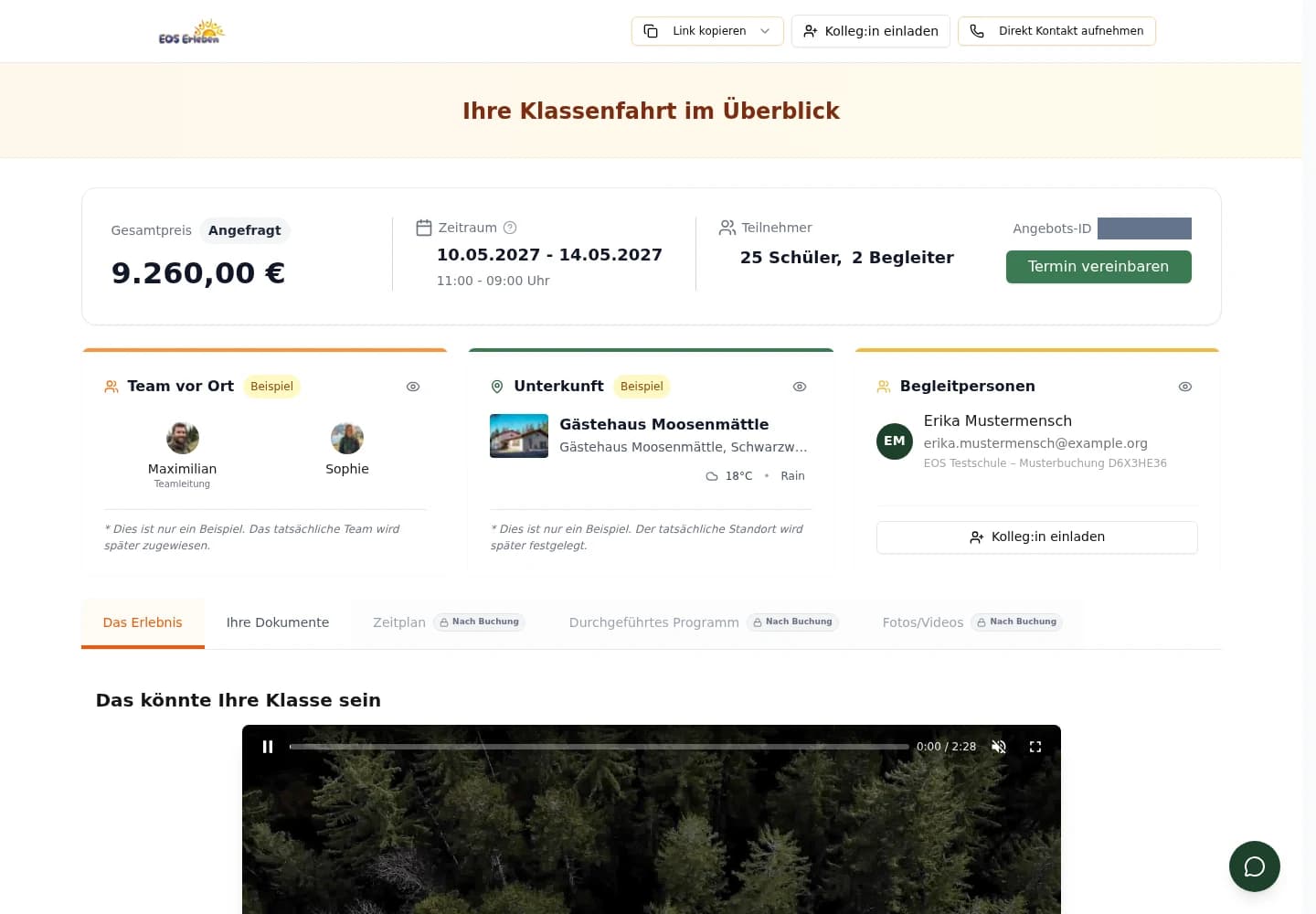 Persönlicher EOS-Angebotsbereich mit den Eckdaten der Musteranfrage