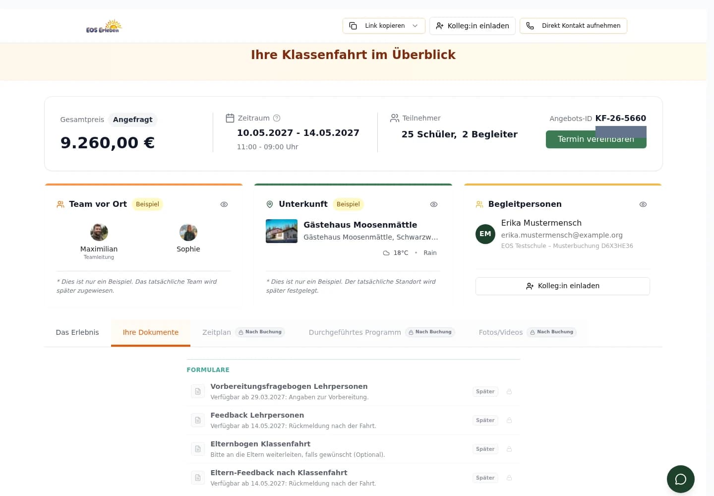Dokumentenbereich des EOS-Angebots mit Formularen, Elterninformationen und Packliste