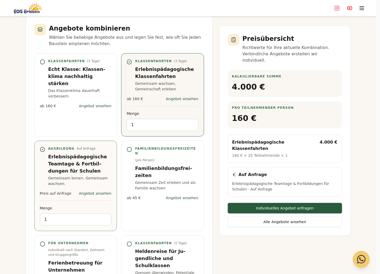 EOS-Preisrechner mit ausgewählter Klassenfahrt und zusätzlich angefragten Teamtagen