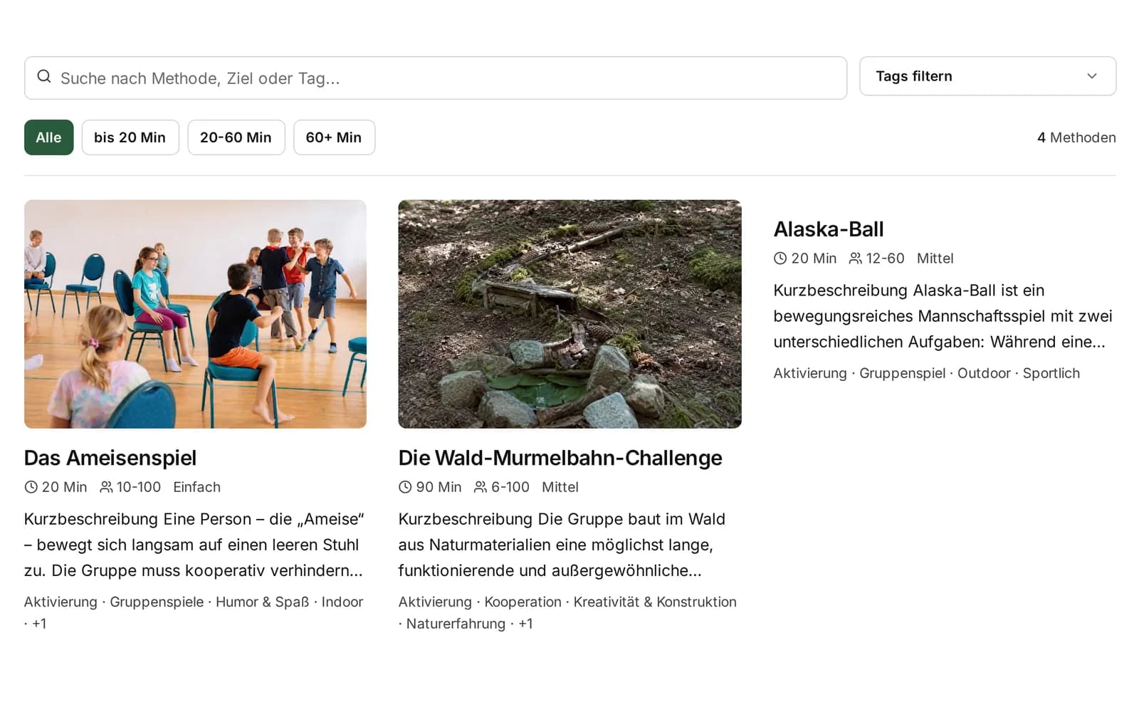 Methodensammlung mit Suche, Filter nach Dauer und Methoden wie dem Ameisenspiel und der Wald-Murmelbahn-Challenge